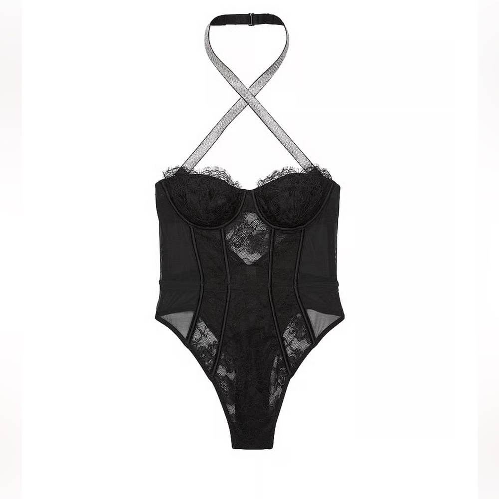 Victoria’s secret very sexy shine strap halter lace teddy women body sui…